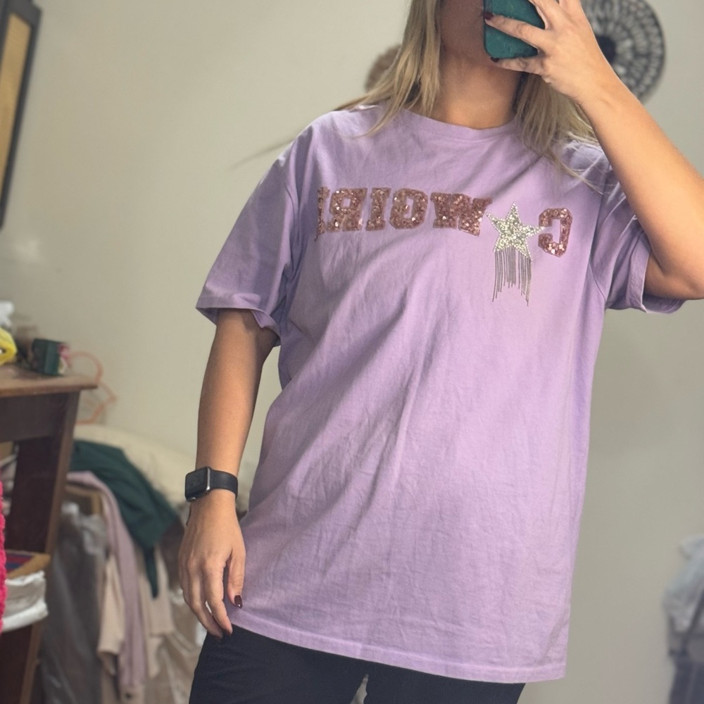 Cowgirl Purple Graphic T-Shirt with Sequin Detail by fantastic Fawn